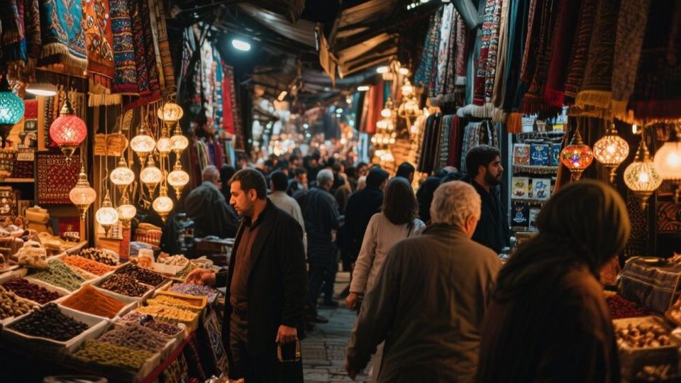التسوق في اسطنبول: أفضل الأسواق والمراكز التجارية لشراء الهدايا والتذكارات في عام 2025 2 A lively traditional market in Istanbul with colorful stalls spices lamps fabrics and local peo. 1 edited