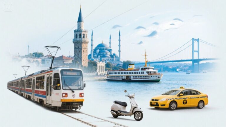 Surreal collage of Istanbuls transport modes tram ferry metro taxi scooter blending seamless