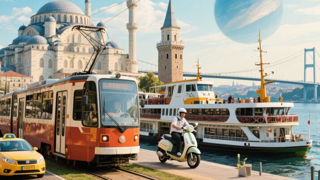 النقل والمواصلات في إسطنبول: كيفية التنقل بسهولة باستخدام المترو والحافلات 2 Surreal collage of Istanbuls transport modes tram ferry metro taxi scooter blending seamless. 2 edited